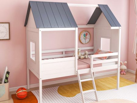 Twin Size Kids House Bed Low Loft Bed Frame with Roof-White Cheap