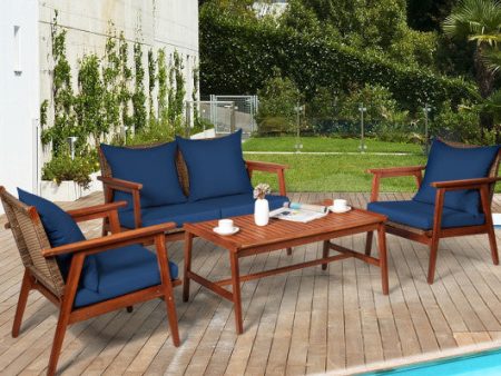 4 Piece  Acacia Wood Patio Rattan Furniture Set-Navy Hot on Sale