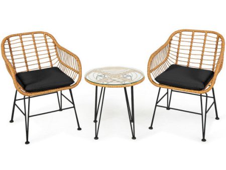 3 Pieces Rattan Furniture Set with Cushioned Chair Table-Black Online now