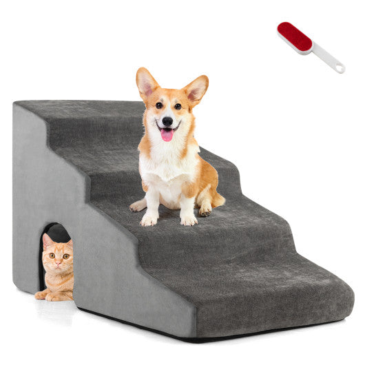 4-Tier High Density Foam Dog Ramps Extra Wide Pet Stairs with Non-slip Bottom-Gray Online now