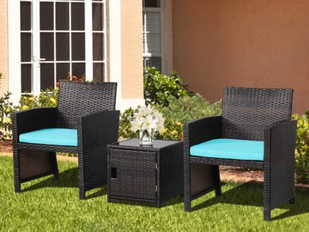 3 Pieces Patio Wicker Furniture Set with Storage Table and Protective Cover-Turquoise Fashion