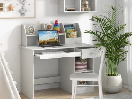 Kids Study Desk Children Writing Table with Hutch Drawer Shelves and Keyboard Tray-White Online Sale