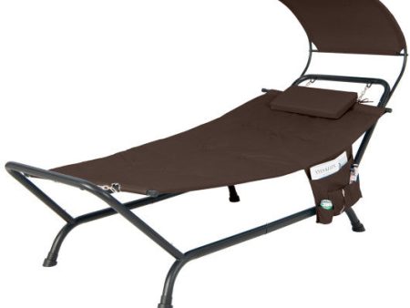 Patio Hanging Chaise Lounge Chair with Canopy Cushion Pillow and Storage Bag-Brown on Sale