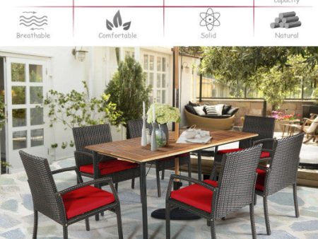 7Pcs Patio Rattan Cushioned Dining Set with Umbrella Hole-Red For Cheap