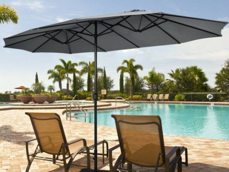 15 Feet Double-Sided Twin Patio Umbrella with Crank and Base-Gray For Sale