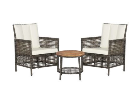 3 Pieces Patio Rattan Furniture Set with Cushioned Sofas and Wood Table Top-White Online