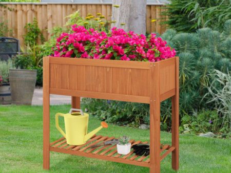 Outdoor Raised Garden Bed Fir Wood Planter Box with Bottom Storage Shelf and Protective Liner-Brown Fashion