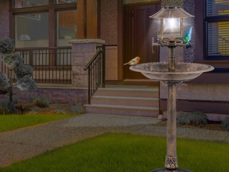 Pedestal Bird Bath with Solar Light with Bird Feeder and Flower Planter-Bronze Supply