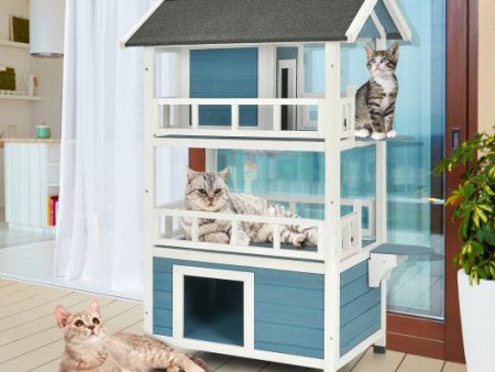 2-Story Outdoor Wooden Catio Cat House Shelter with Enclosure Online now