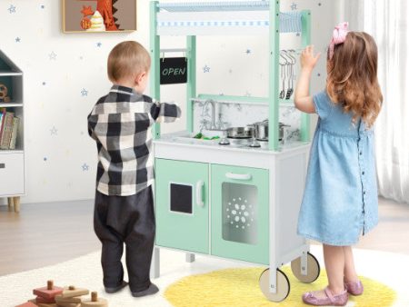 Double-sided Pretend Play Kitchen with Remote Control and LED Light Bars-Green For Discount