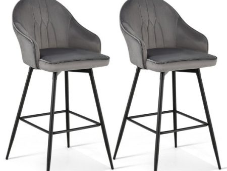 2 Pieces 29.5 Inch Pub Height Swivel Velvet Bar Stools with Metal Legs-Gray For Sale