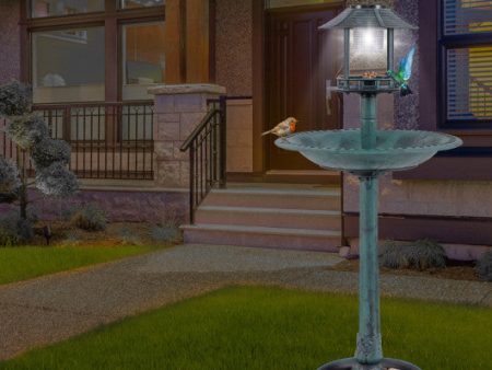 Pedestal Bird Bath with Solar Light with Bird Feeder and Flower Planter-Green on Sale