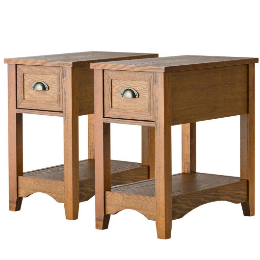 Set of 2 Contemporary Side End Table with Drawer -Natural Hot on Sale