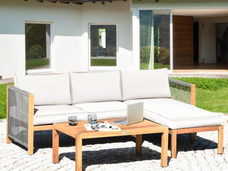 3 Pieces Patio Acacia Wood Sofa Furniture Set with Nylon Rope Armrest-White Supply