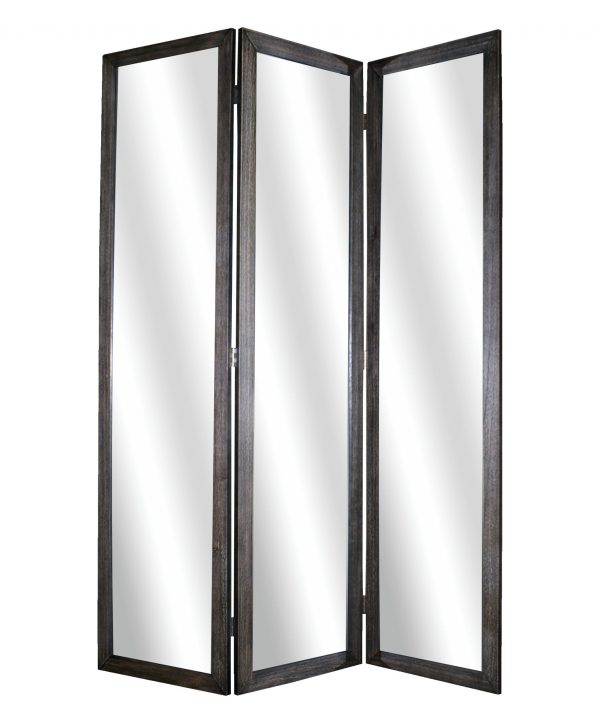 69  Black Wood and Mirrored Glass Folding Three Panel Screen Room Divider Online Sale