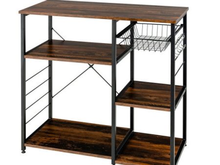 Industrial Kitchen Baker s Rack Microwave Shelf with 6 Hooks-Walnut Discount