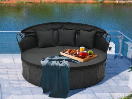 Clamshell Patio Round Daybed Wicker with Retractable Canopy and Pillows-Black Online