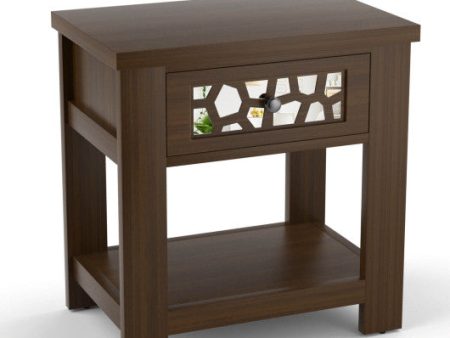 Wood Retro End Table with Mirrored Glass Drawer and Open Storage Shelf-Brown on Sale