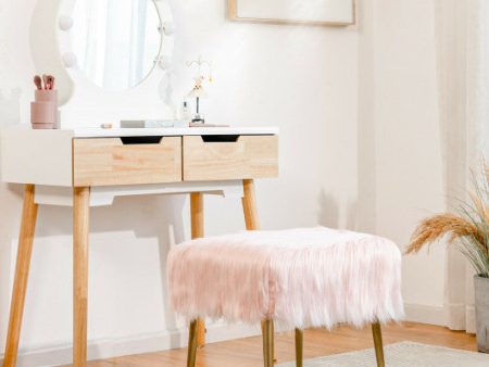 Faux Fur Vanity Stool with Golden Metal Legs for Makeup Room-Pink For Sale