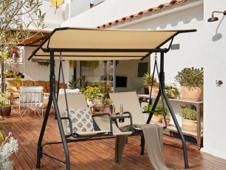 2-Seat Outdoor Cushioned Porch Swing with Adjustable Canopy and Tempered Glass Table-Beige Online Hot Sale