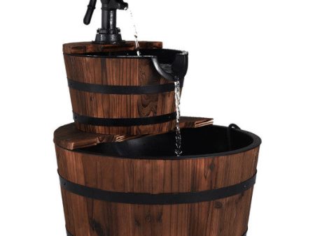 2-Tiers Outdoor Wooden Barrel Waterfall Fountain with Pump For Cheap