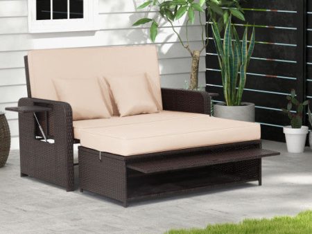 Patio Rattan Daybed with 4-Level Adjustable Backrest and Retractable Side Tray-Brown on Sale