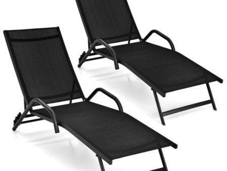 2 Pieces Outdoor Chaise Lounge with 5-Position Adjustable Backrest-Black Hot on Sale