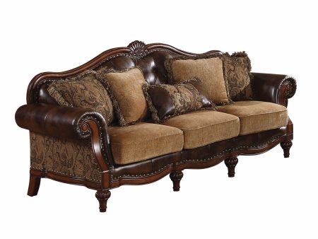 37  Brown Faux Leather and Chenille Sofa And Toss Pillows With Dark Brown Legs Sale