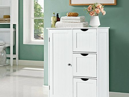 Bathroom Floor Cabinet Side Storage Cabinet with 3 Drawers and 1 Cupboard-White Cheap