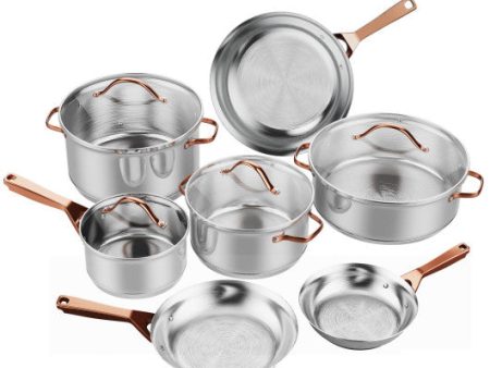 11 Pieces Stainless Steel Kitchen Cookware Set with Gold Stay-Cool Handles For Discount