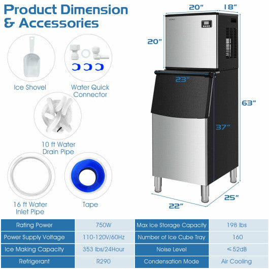 353LBS 24H Split Commercial Ice Maker with 198 LBS Storage Bin Sale