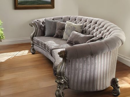 55  Gray Velvet Curved Floral Sofa And Toss Pillows With Champagne Legs Cheap