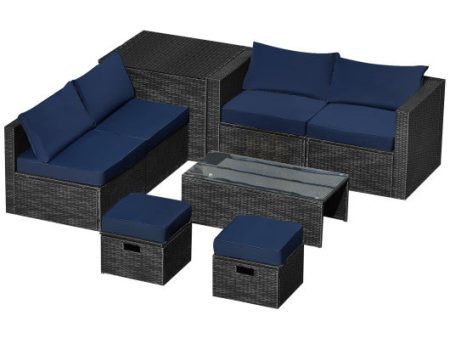 8 Pieces Patio Rattan Storage Table Furniture Set-Navy Sale