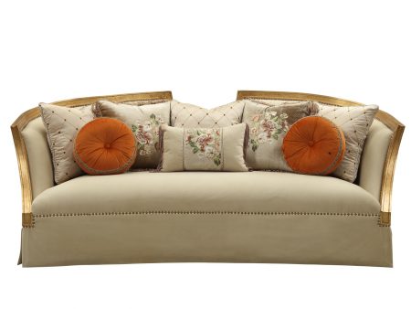 41  Beige Velvet Curved Sofa And Toss Pillows With Natural Legs Discount