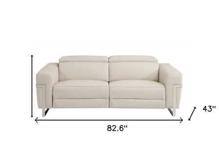 83  Beige Italian Leather USB Reclining Sofa With Silver Legs Online now