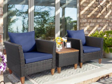 3 Pieces Patio Rattan Bistro Furniture Set with Wooden Table Top-Navy For Discount