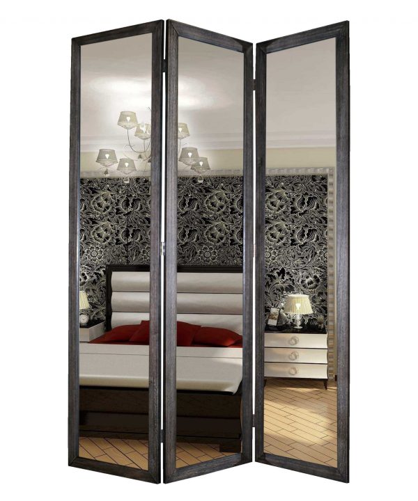 69  Black Wood and Mirrored Glass Folding Three Panel Screen Room Divider Online Sale