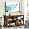 3 Tier Wood TV Stand for 55-Inch with Open Shelves and X-Shaped Frame-Brown Online Sale