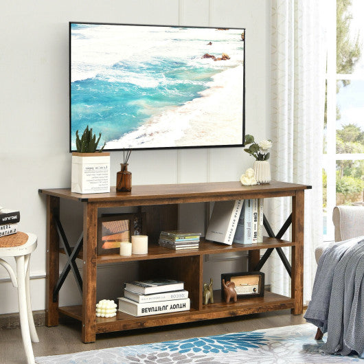 3 Tier Wood TV Stand for 55-Inch with Open Shelves and X-Shaped Frame-Brown Online Sale