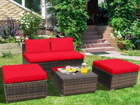 5 Pieces Patio Rattan Furniture Set with Cushioned Armless Sofa-Red Online now