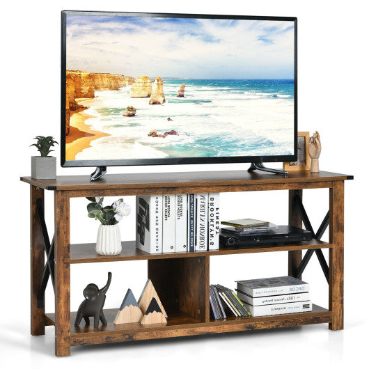 3 Tier Wood TV Stand for 55-Inch with Open Shelves and X-Shaped Frame-Brown Online Sale