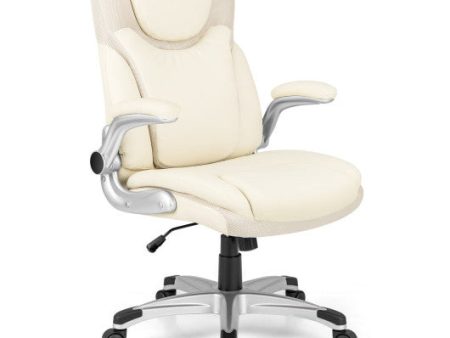 Ergonomic Office PU Leather Executive Chair with Flip-up Armrests and Rocking Function-White Online now