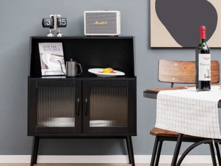 Kitchen Sideboard Buffet with Open Cubby and 2 Glass Doors-Black For Discount