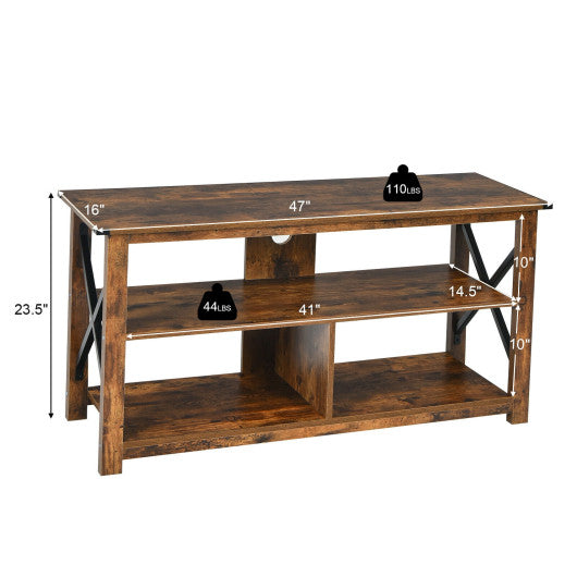 3 Tier Wood TV Stand for 55-Inch with Open Shelves and X-Shaped Frame-Brown Online Sale