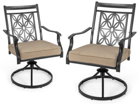 2 Pieces Patio Swivel Chairs with Blossom Pattern Backrest and Cushions-Black Fashion