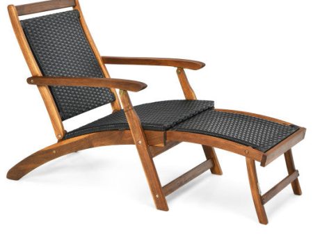 Patio Rattan Folding Lounge Chair with Acacia Wooden Frame Retractable Footrest Hot on Sale