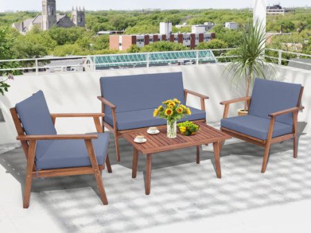 4 Piece Outdoor Acacia Wood Conversation Set with Soft Seat and Back Cushions-Gray Discount