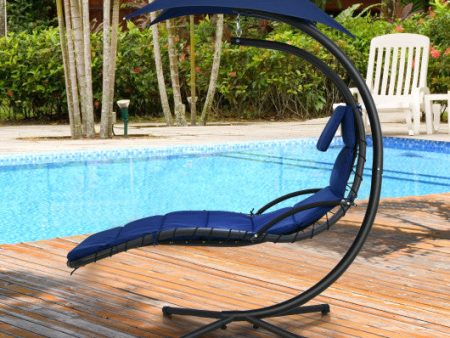 Hanging Curved Steel Swing Chaise Lounger with Removable Canopy-Navy on Sale