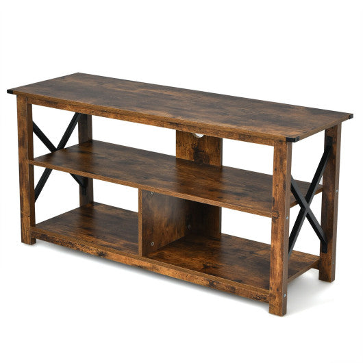 3 Tier Wood TV Stand for 55-Inch with Open Shelves and X-Shaped Frame-Brown Online Sale