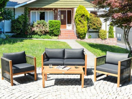 4 Pieces Acacia Wood Outdoor Patio Furniture Set with Cushions-Gray For Sale